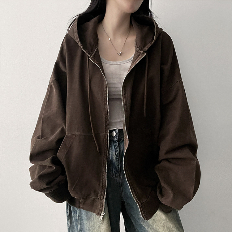 オーバーピグメントフードジップアップ BROWN