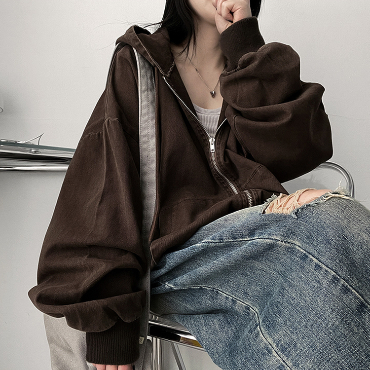 オーバーピグメントフードジップアップ BROWN