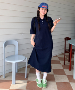 ロングワンピース ワッフルロングワンピース NAVY