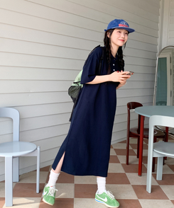 ロングワンピース ワッフルロングワンピース NAVY