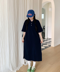ロングワンピース ワッフルロングワンピース NAVY