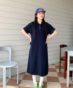 ロングワンピース ワッフルロングワンピース NAVY
