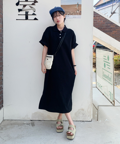 ロングワンピース ワッフルロングワンピース BLACK