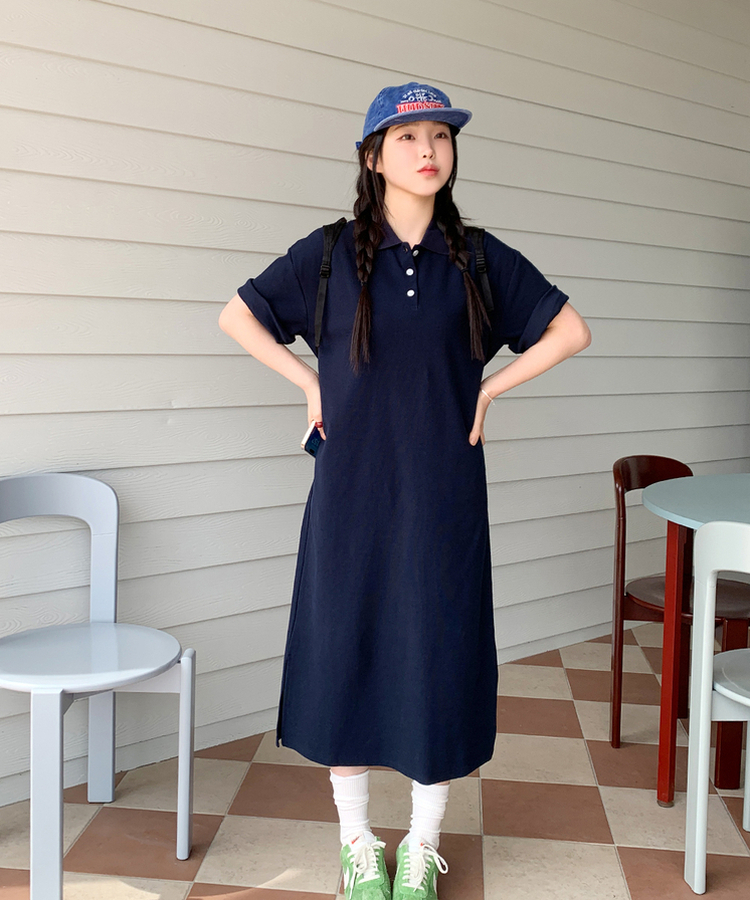 ワッフルロングワンピース NAVY