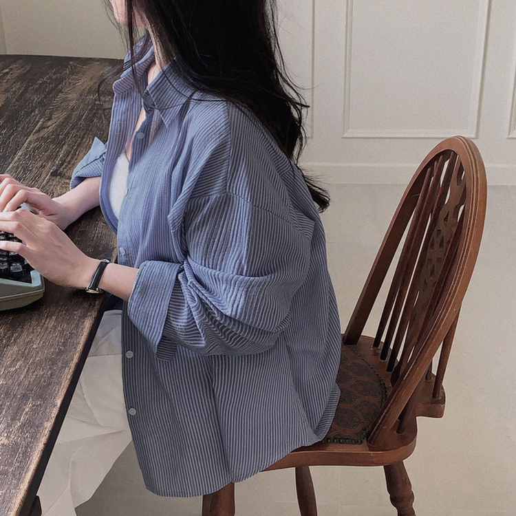 셔츠러버 인생템사란타 스트라이프 루즈핏 썸머 셔츠 남방 진블루