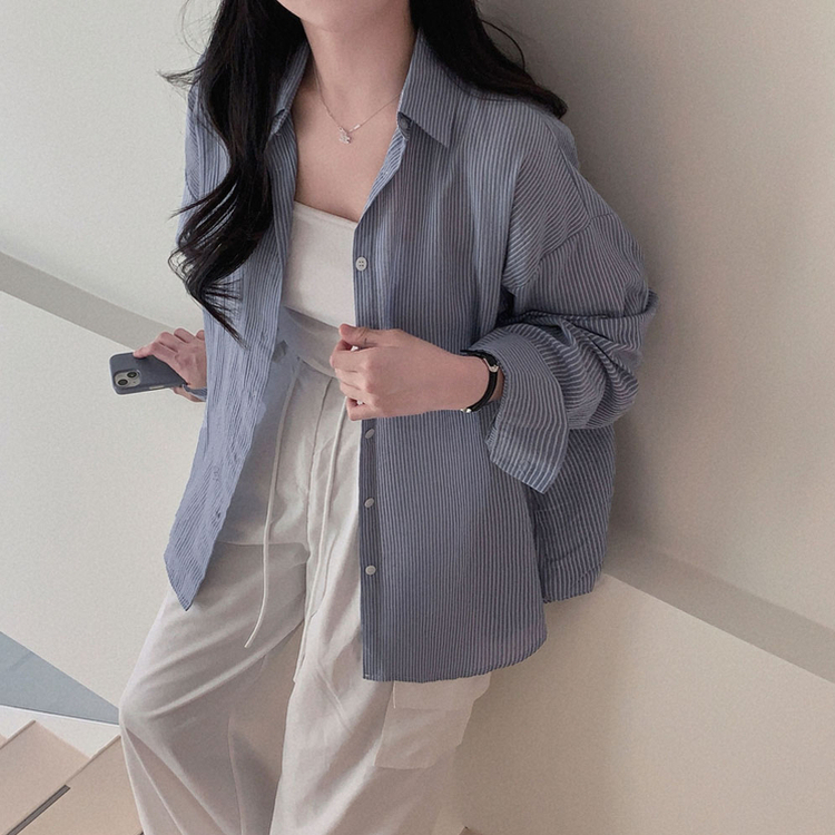 셔츠러버 인생템사란타 스트라이프 루즈핏 썸머 셔츠 남방 진블루