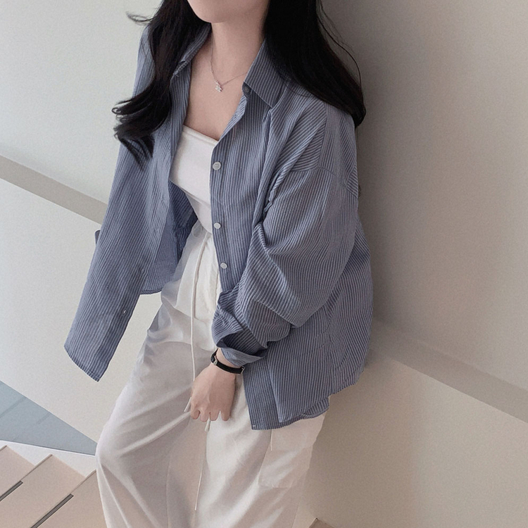 셔츠러버 인생템사란타 스트라이프 루즈핏 썸머 셔츠 남방 진블루