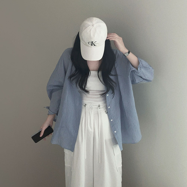 셔츠러버 인생템사란타 스트라이프 루즈핏 썸머 셔츠 남방 진블루