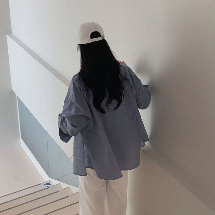 셔츠러버 인생템사란타 스트라이프 루즈핏 썸머 셔츠 남방 진블루