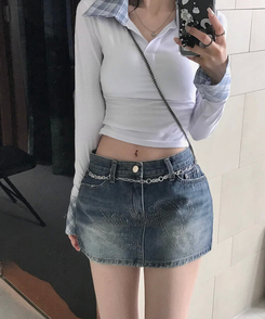 ミニスカート キュービックデニムスカート DARK DENIM