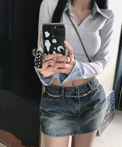 ミニスカート キュービックデニムスカート DARK DENIM