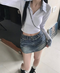 ミニスカート キュービックデニムスカート DARK DENIM