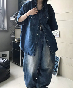 シャツ スティックデニム半袖シャツ BLUE