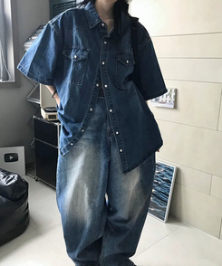 シャツ スティックデニム半袖シャツ BLUE
