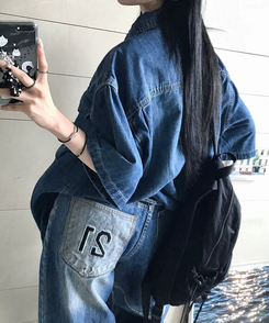 シャツ スティックデニム半袖シャツ BLUE