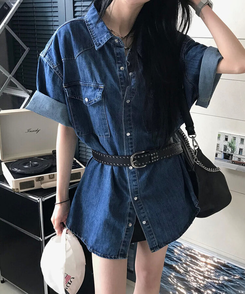 シャツ スティックデニム半袖シャツ BLUE