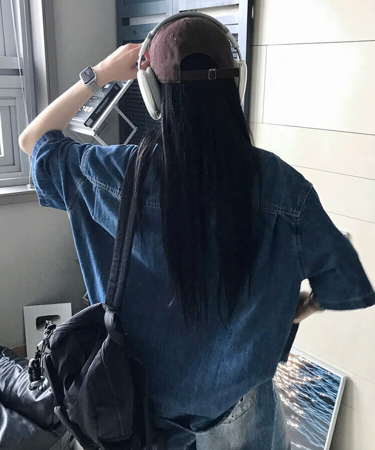 スティックデニム半袖シャツ BLUE