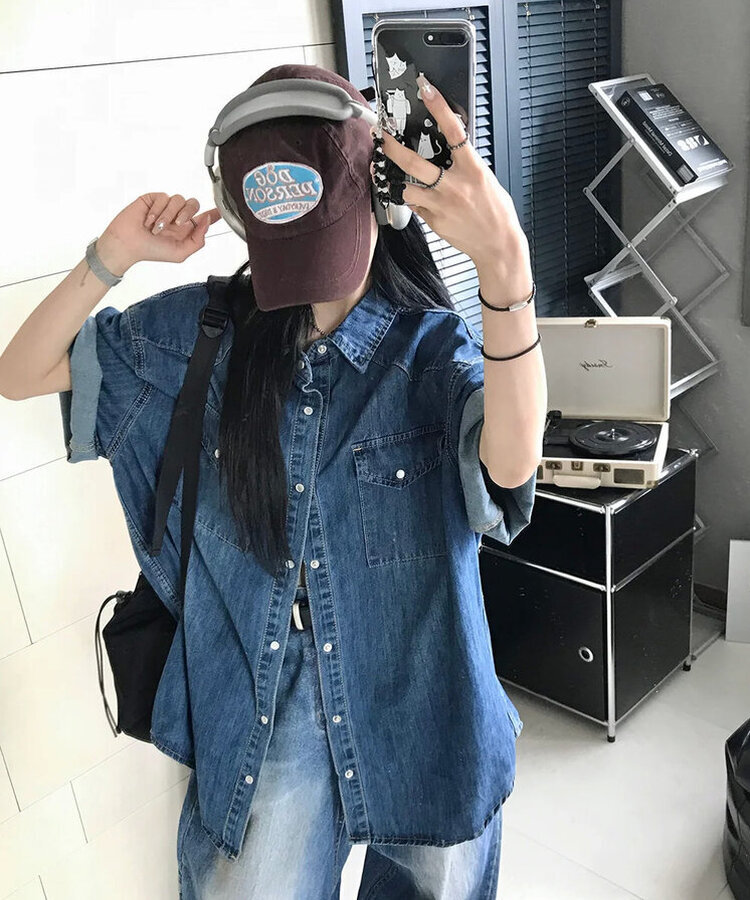 スティックデニム半袖シャツ BLUE