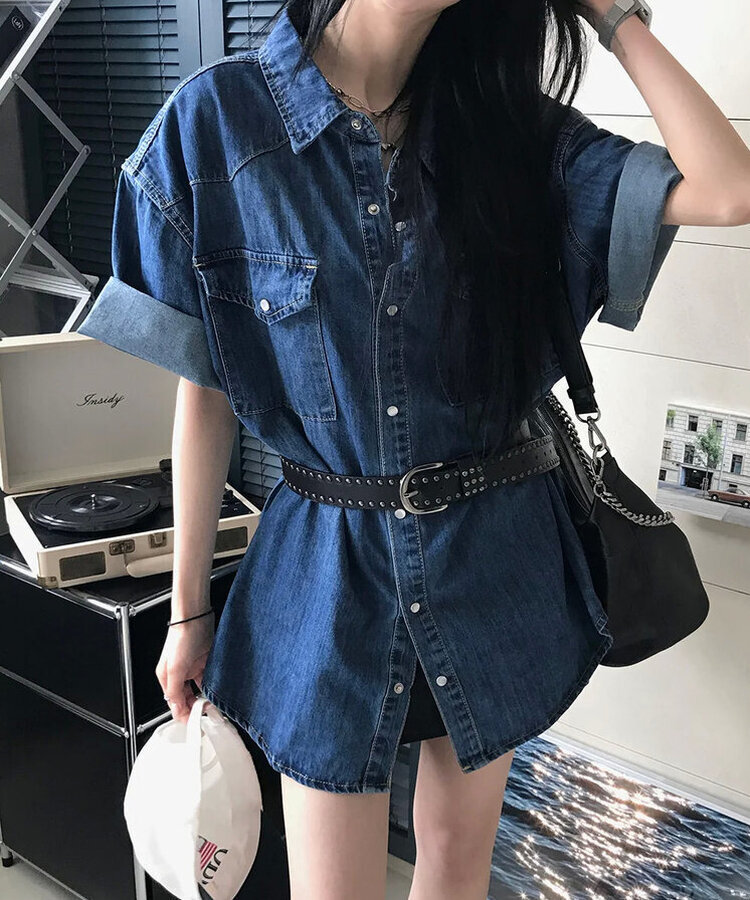 スティックデニム半袖シャツ BLUE