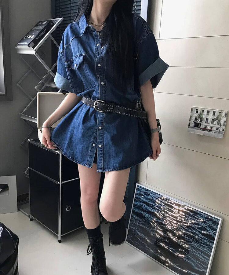 スティックデニム半袖シャツ BLUE