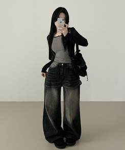ワイド ウォッシングデニムロングワイドパンツ BLACK DENIM