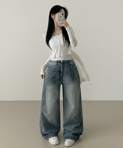 ワイド ウォッシングデニムロングワイドパンツ LIGHT DENIM