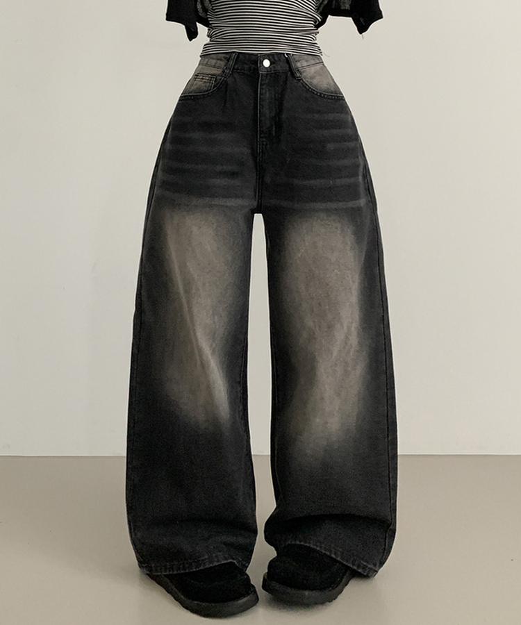 ウォッシングデニムロングワイドパンツ BLACK DENIM