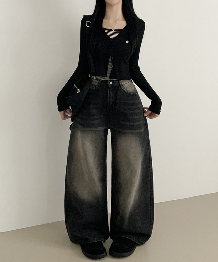 ワイド ウォッシングデニムロングワイドパンツ BLACK DENIM