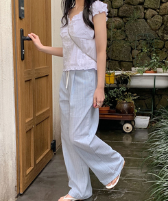 コットンパンツ リネンストライプピンタックワイドパンツ LIGHT BLUE
