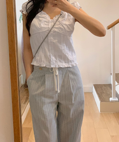 コットンパンツ リネンストライプピンタックワイドパンツ LIGHT BLUE