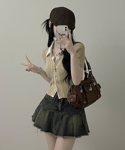 半袖Tシャツ シャツレイヤードニットカーディガン BEIGE