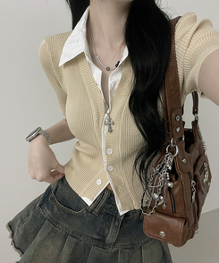半袖Tシャツ シャツレイヤードニットカーディガン BEIGE