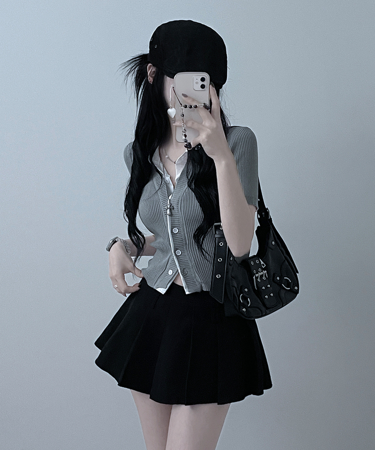 シャツレイヤードニットカーディガン GREY