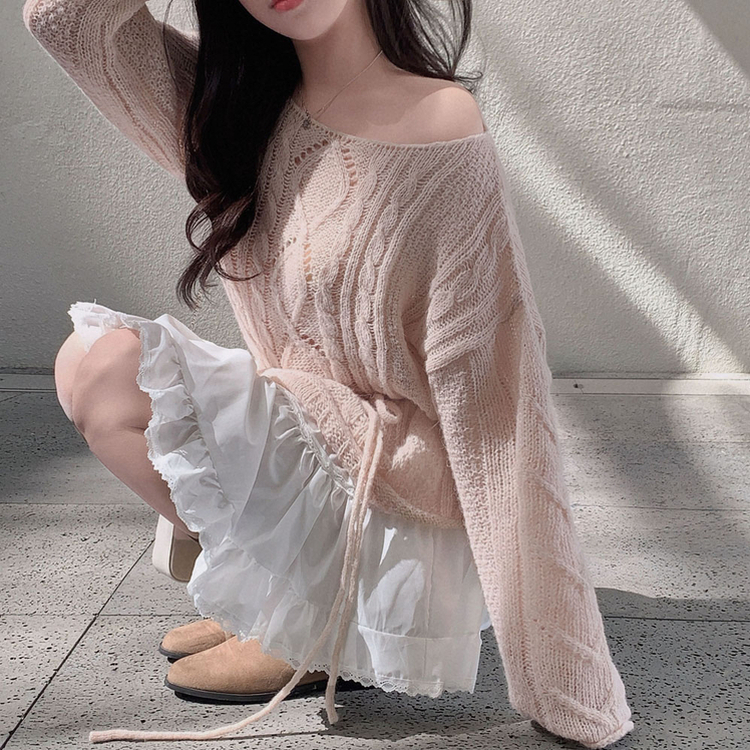 베비 펀칭 보트넥 루즈핏 니트 핑크