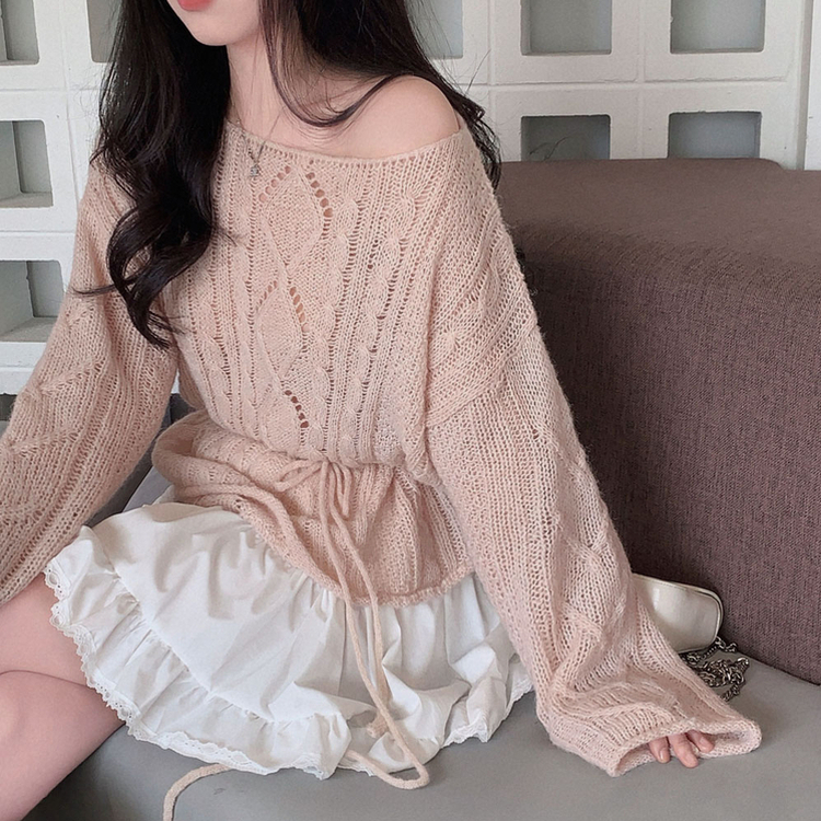 베비 펀칭 보트넥 루즈핏 니트 핑크