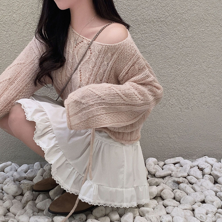 베비 펀칭 보트넥 루즈핏 니트 핑크