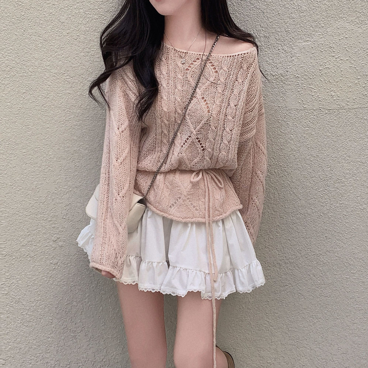 베비 펀칭 보트넥 루즈핏 니트 핑크