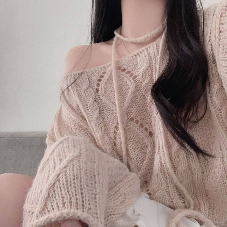 베비 펀칭 보트넥 루즈핏 니트 핑크