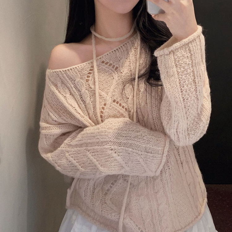 베비 펀칭 보트넥 루즈핏 니트 핑크