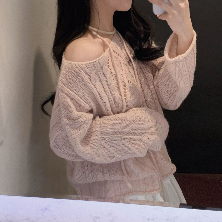 베비 펀칭 보트넥 루즈핏 니트 핑크