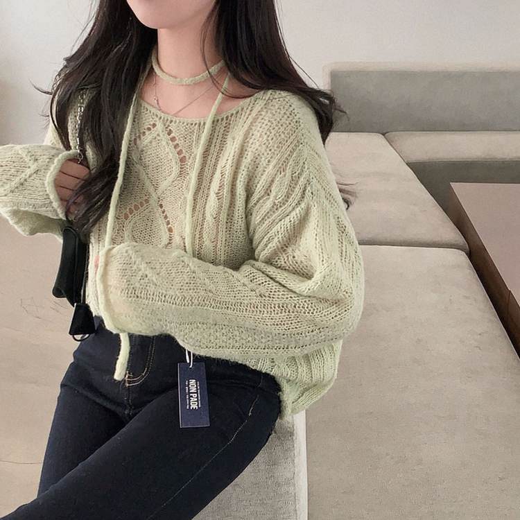 베비 펀칭 보트넥 루즈핏 니트 연두