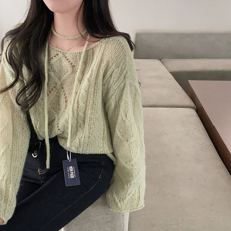 베비 펀칭 보트넥 루즈핏 니트 연두