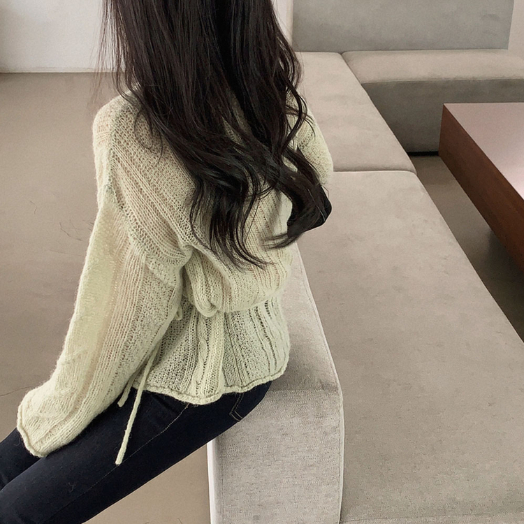 베비 펀칭 보트넥 루즈핏 니트 연두