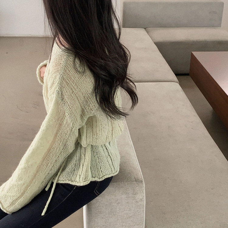 베비 펀칭 보트넥 루즈핏 니트 연두