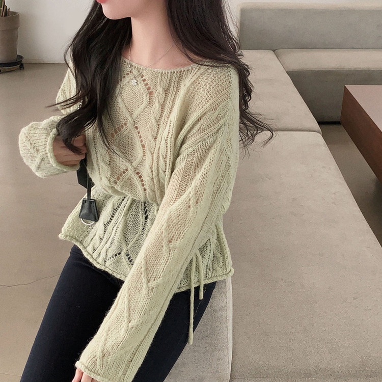 베비 펀칭 보트넥 루즈핏 니트 연두