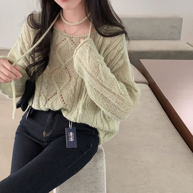 베비 펀칭 보트넥 루즈핏 니트 연두