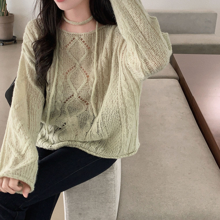 베비 펀칭 보트넥 루즈핏 니트 연두