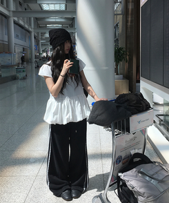 コットンパンツ レースライントラックラインワイドパンツ BLACK