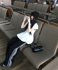 コットンパンツ レースライントラックラインワイドパンツ BLACK