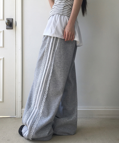 コットンパンツ レースライントラックラインワイドパンツ GREY